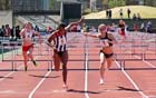 No 5 Gemma Bennett (Shaftsbury Barnet) beats Meghan Beesley (Birchfield Harriers) in the 100 metres hurdles at the UK Women's National League, Premier, Meadowbank, Edinburgh.
